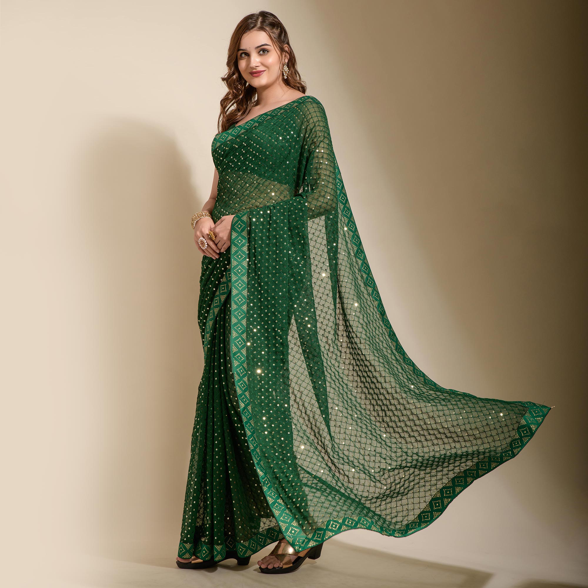 Green Sequins Embroidered Georgette Saree