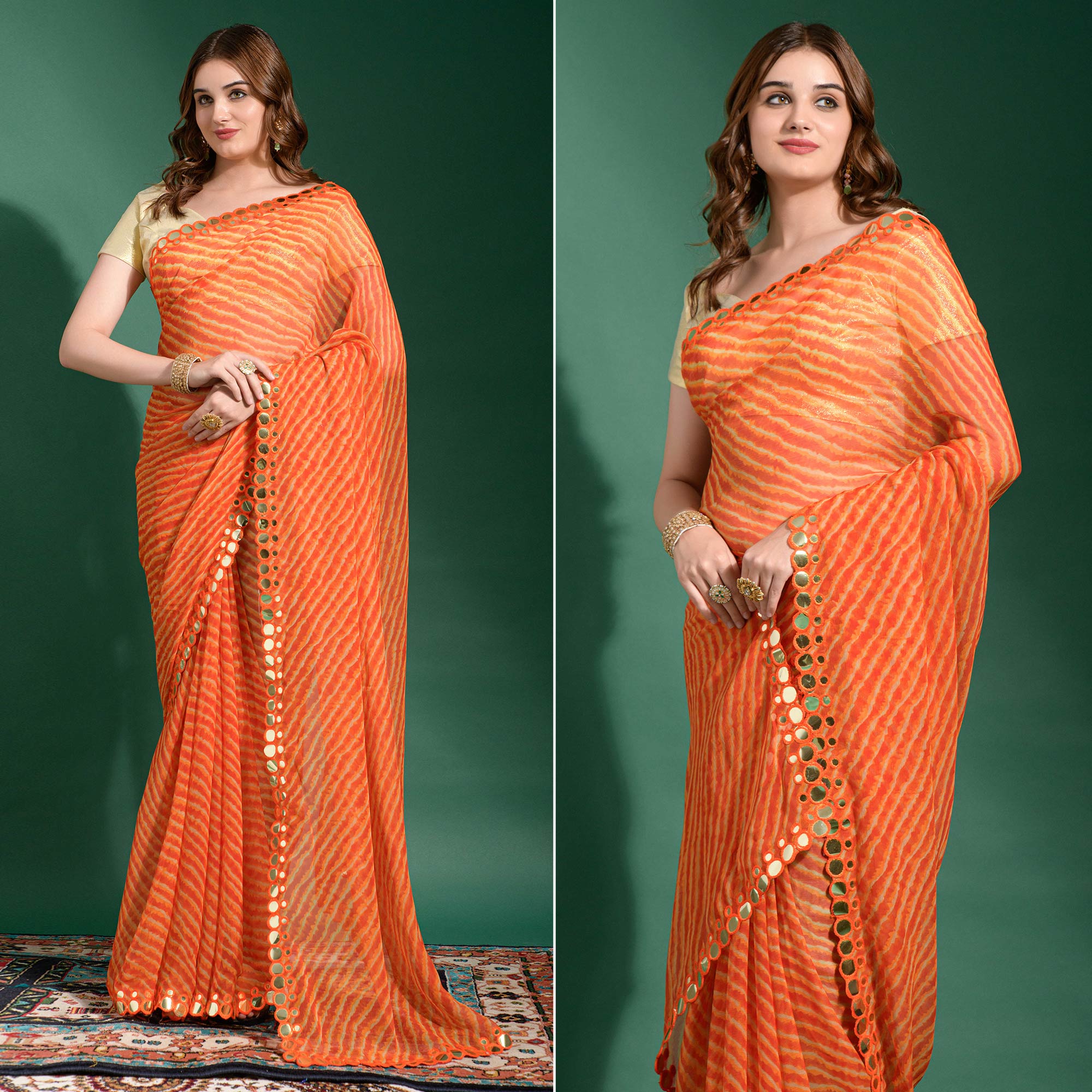 Orange Leheriya Printed With Embroidered Border Chiffon Saree