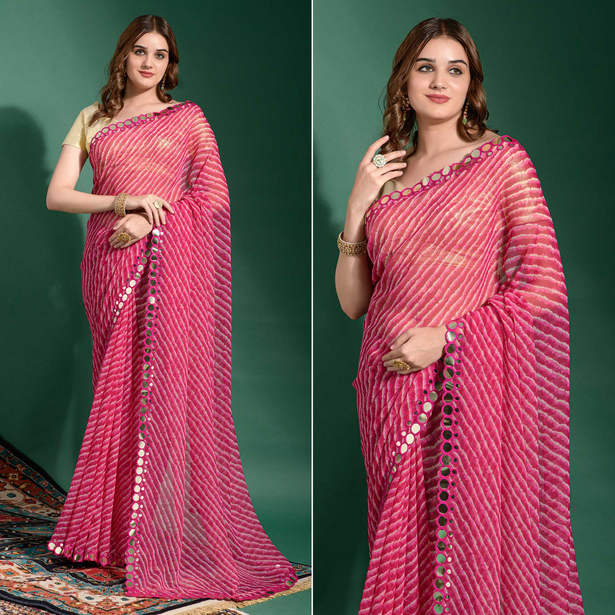 Pink Leheriya Printed With Embroidered Border Chiffon Saree