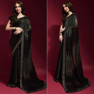 Black & Green Sequins Embroidered Georgette Saree