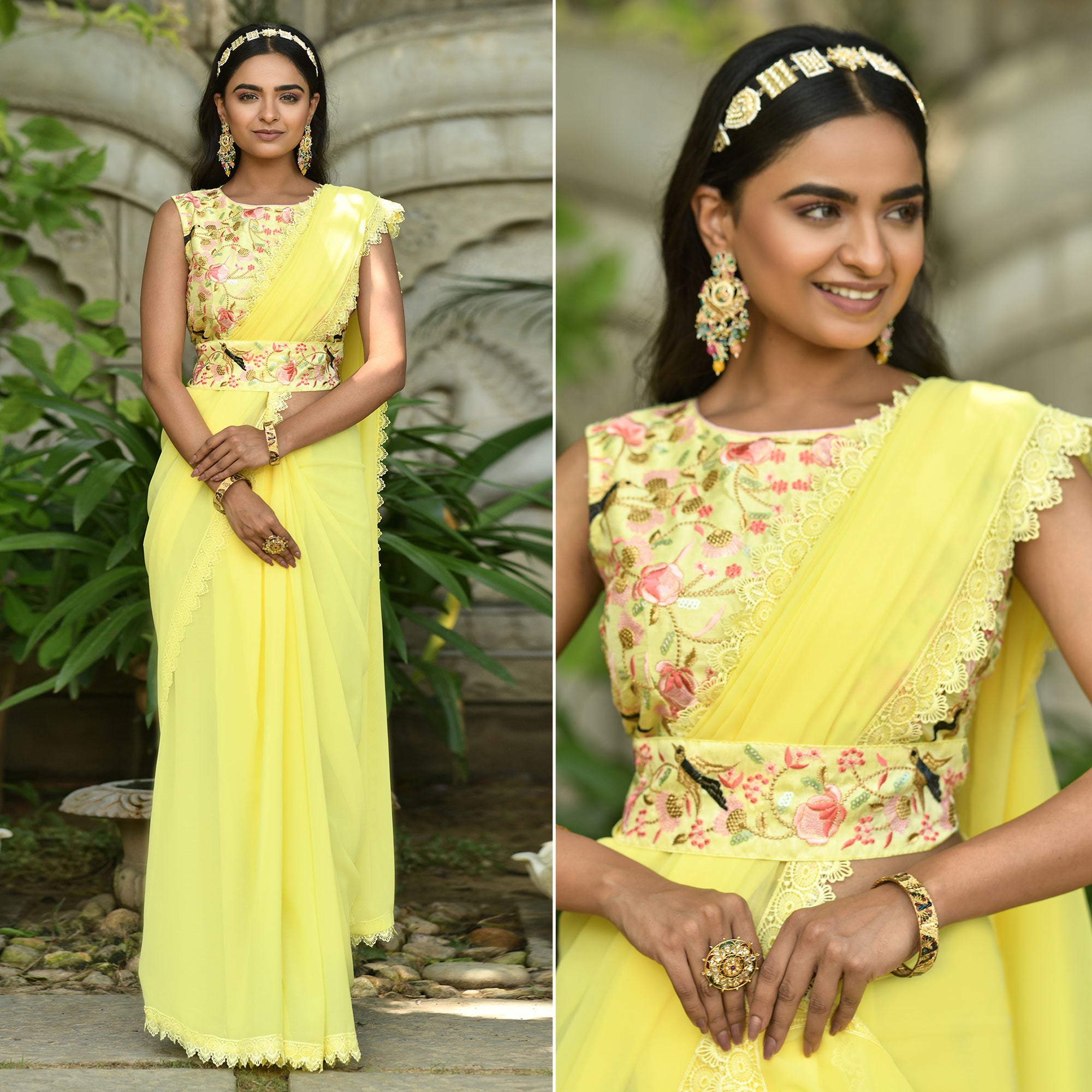 Yellow Solid Georgette Saree With Embroidered Blouse Piece