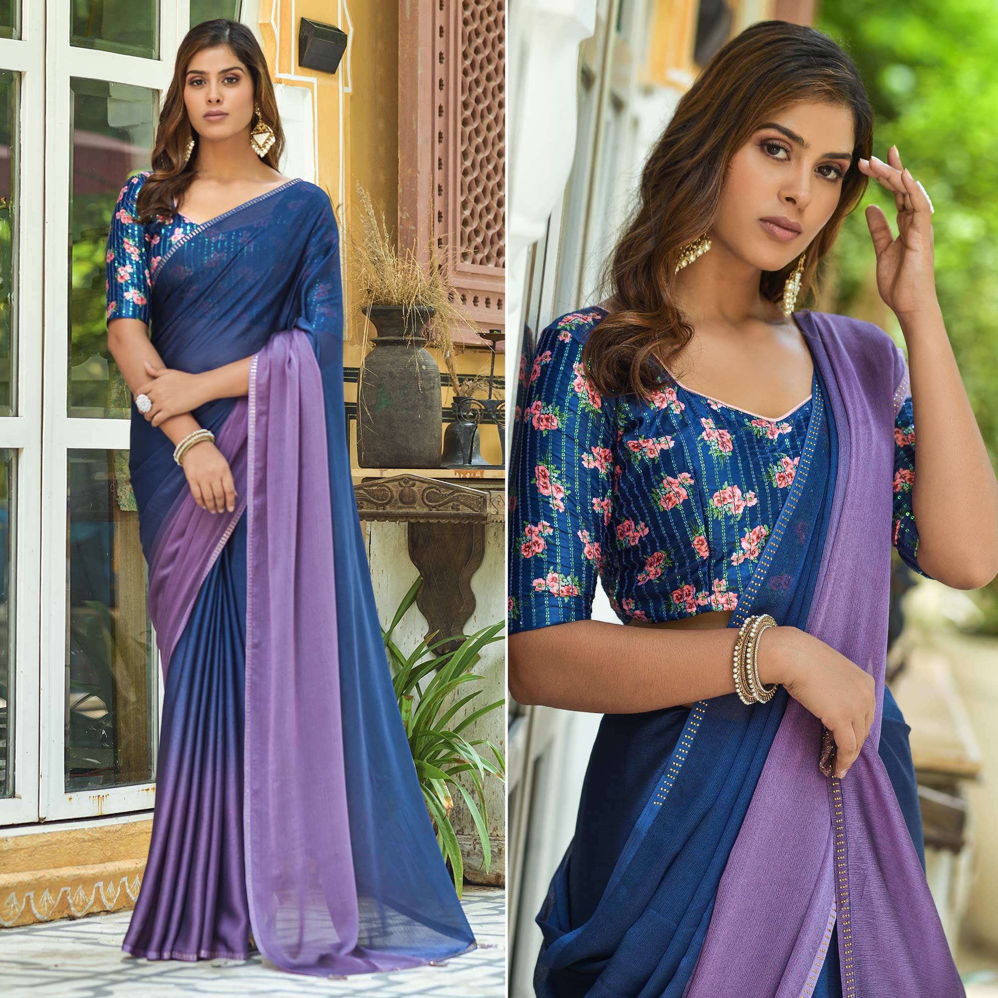 Blue & Purple Solid Chiffon Saree With Tassels