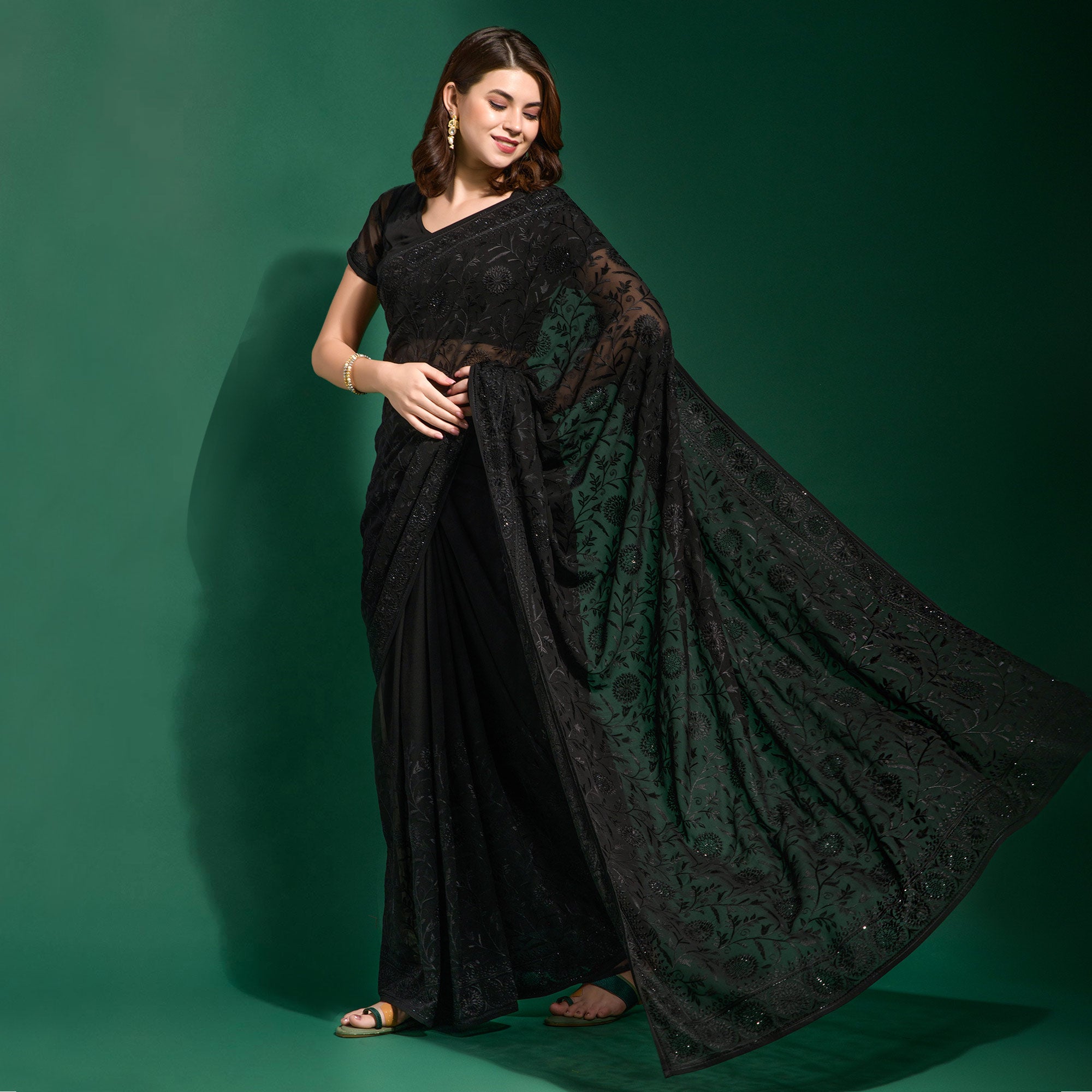 Black Floral Embroidered Georgette Saree