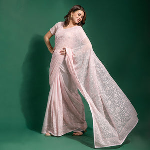 Baby Pink Floral Embroidered Georgette Saree