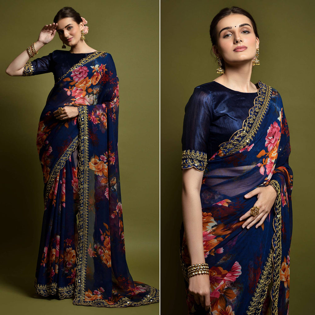 Indigo Blue Georgette Saree with multicolor Resham Embroidered Flowers & Crystal Embellishments