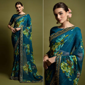 Teal Floral Printed Georgette Saree With Embroidered Border
