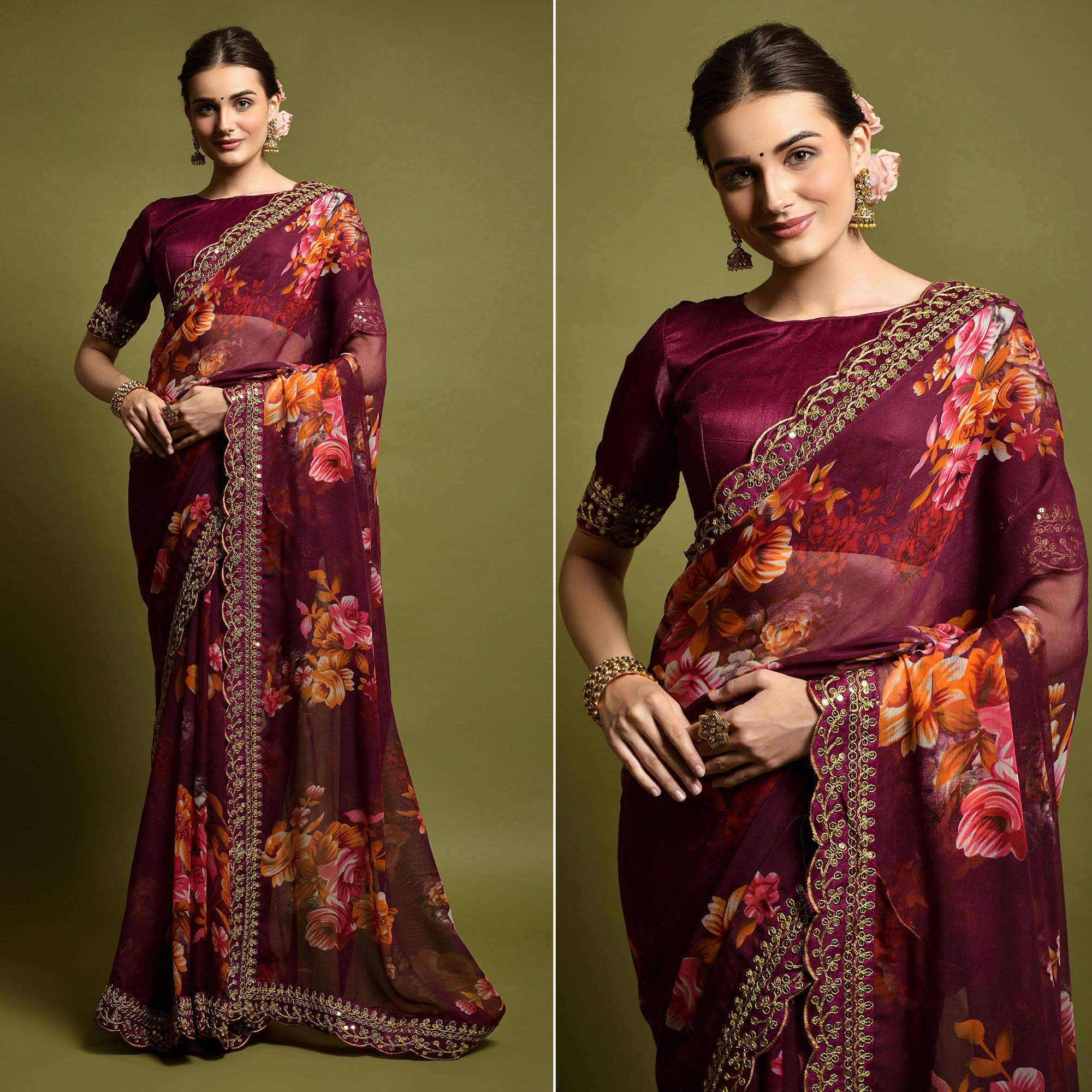 Wine Floral Printed Georgette Saree With Embroidered Border