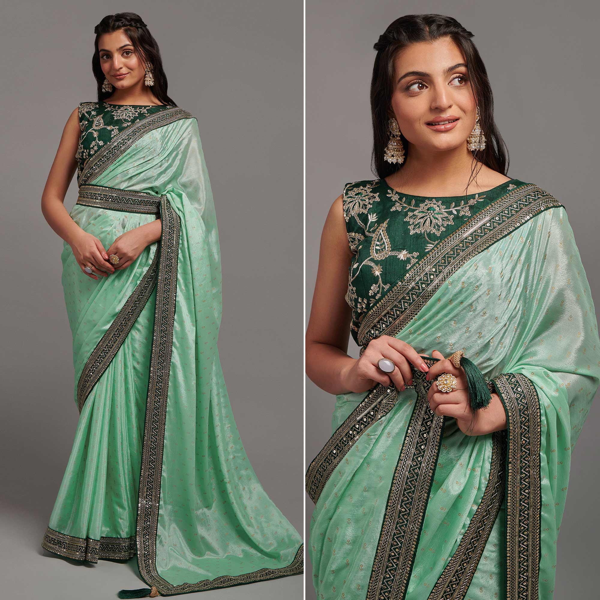 Green Foil Printed With Embroidered Border Chinon Saree