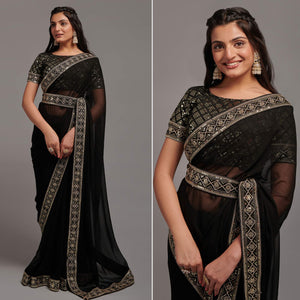 Black Sequins Embroidered Border Chinon Saree