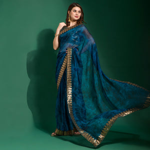 Navy Blue Printed With Sequins Border Chiffon Saree