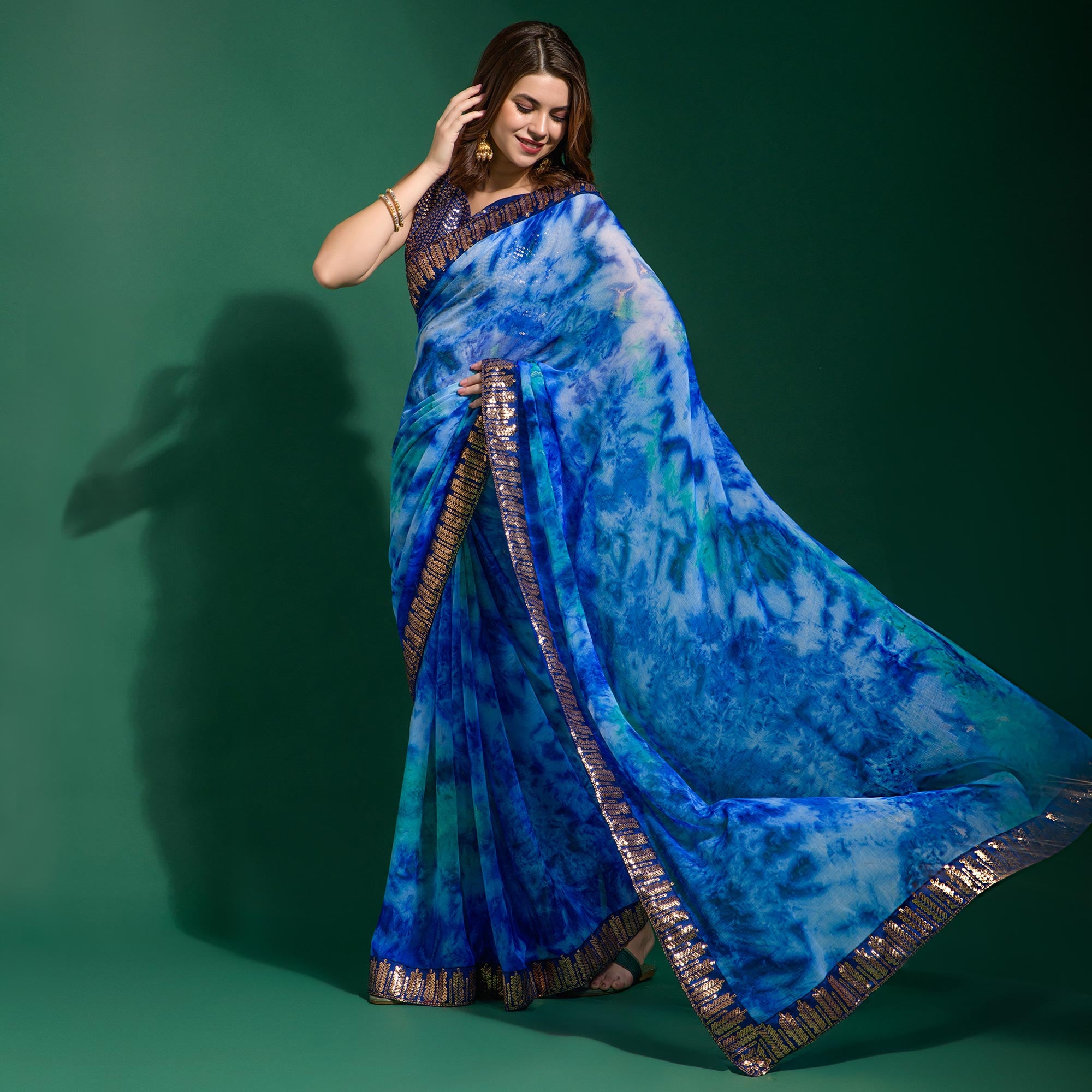 Blue Printed With Sequins Border Chiffon Saree