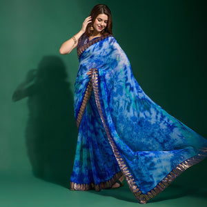 Blue Printed With Sequins Border Chiffon Saree