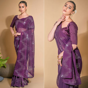 Wine Sequins Embroidered Georgette Saree
