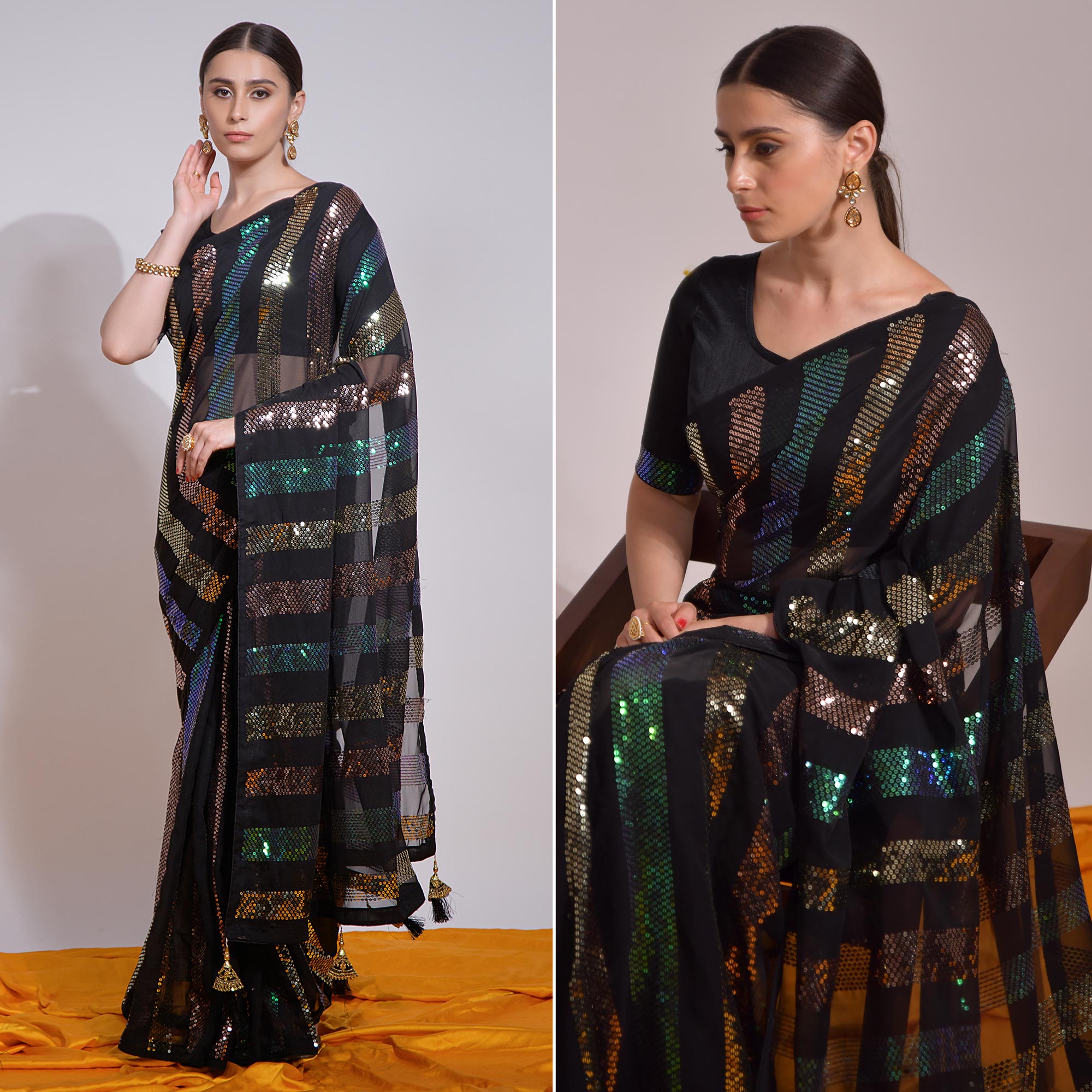 Black Sequins Embroidered Georgette Saree