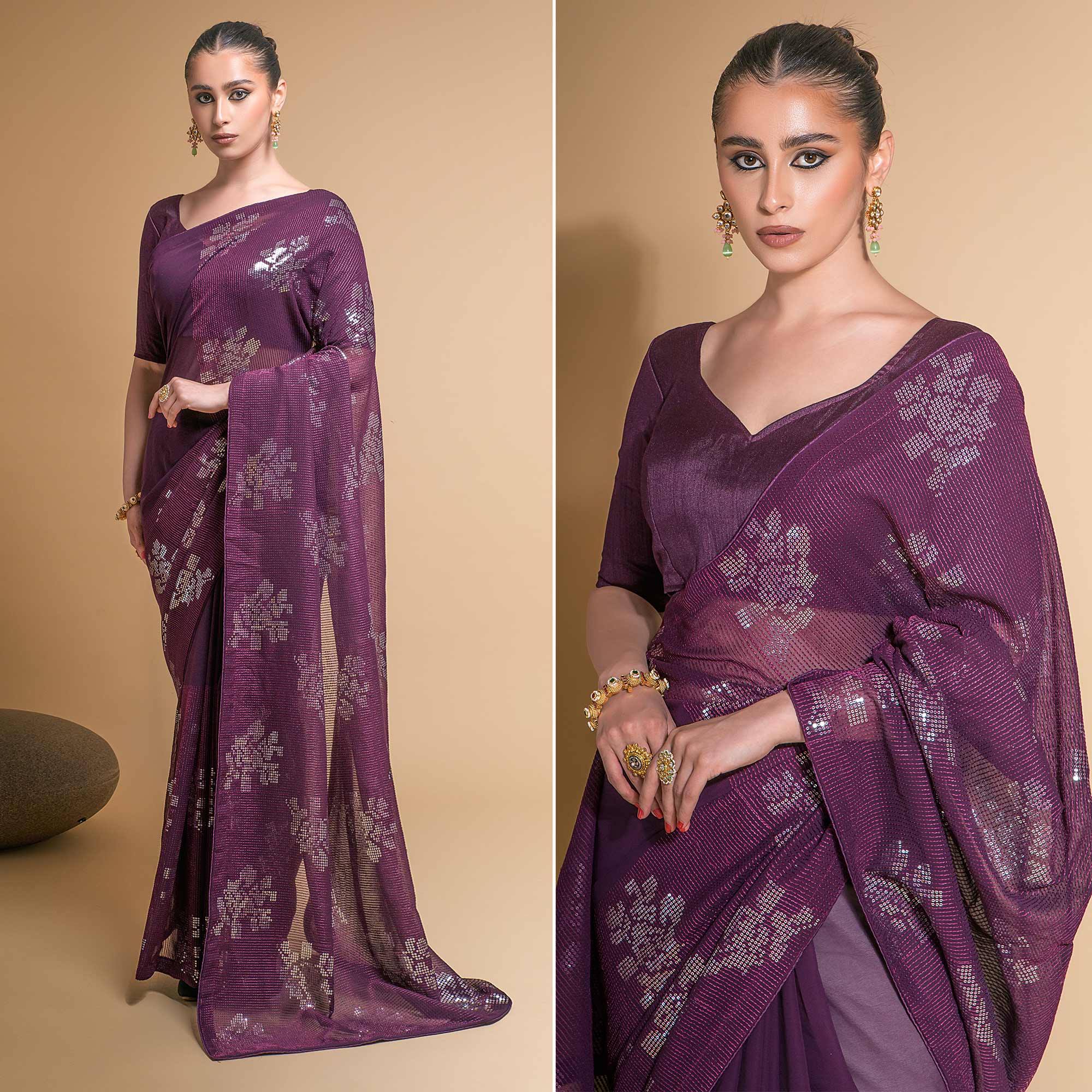 Wine Sequins Embroidered Georgette Saree