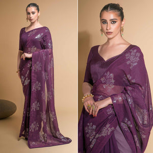 Wine Sequins Embroidered Georgette Saree