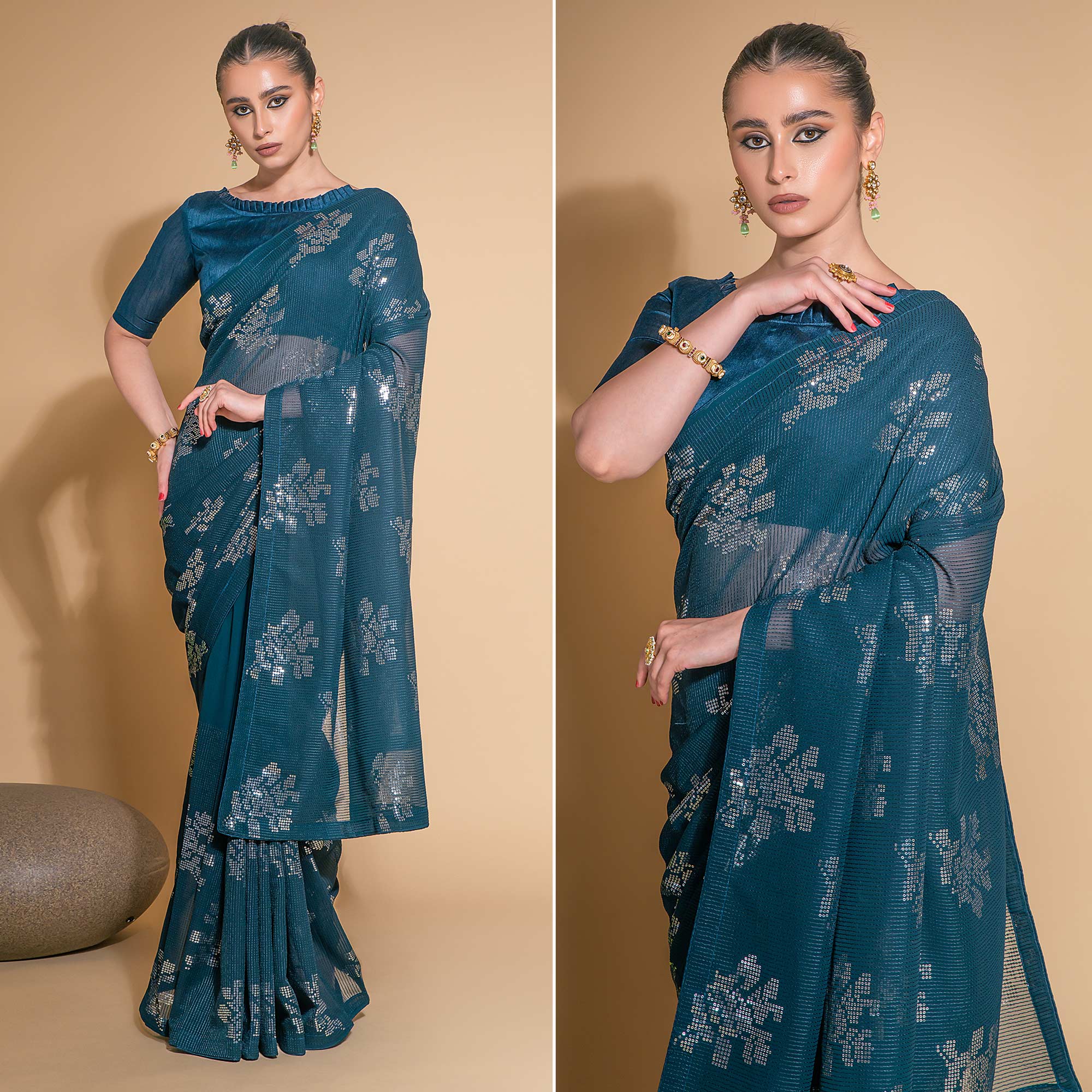Blue Sequins Embroidered Georgette Saree