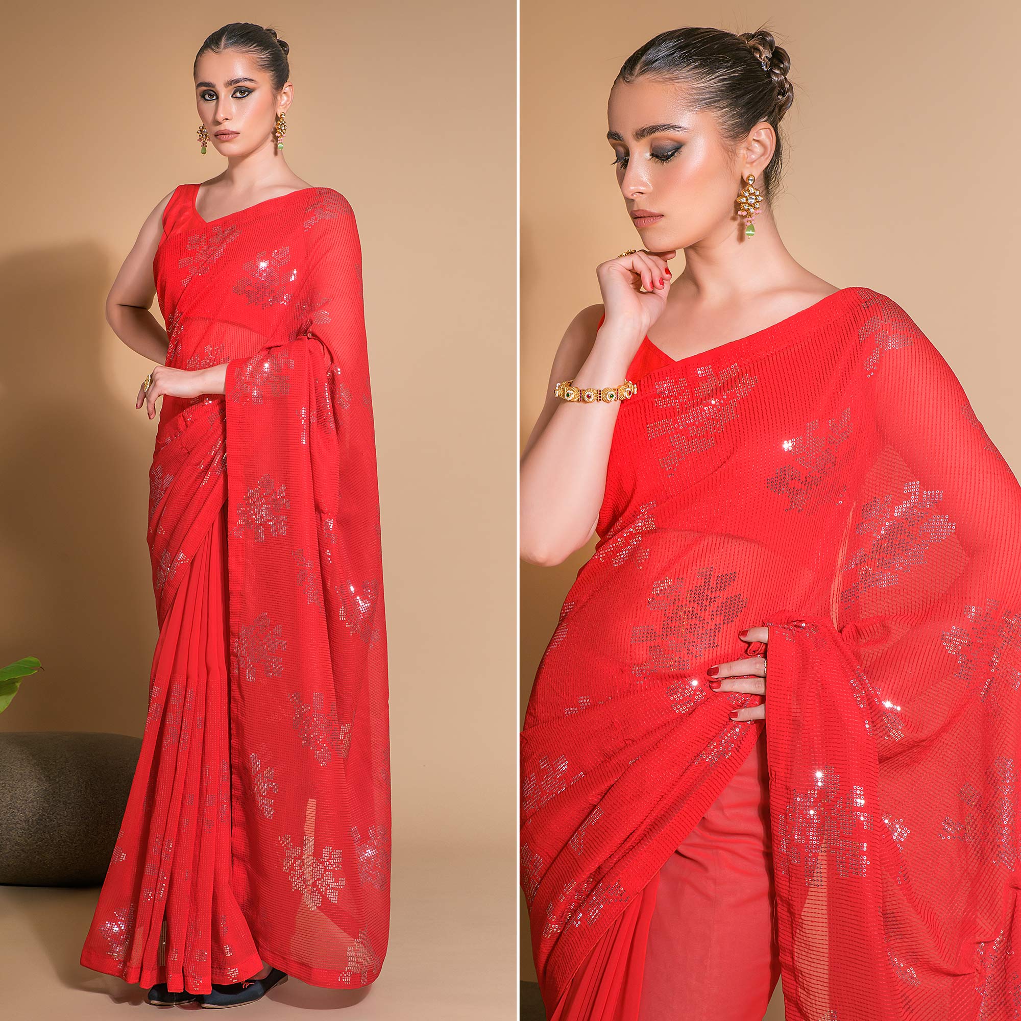 Red Sequins Embroidered Georgette Saree