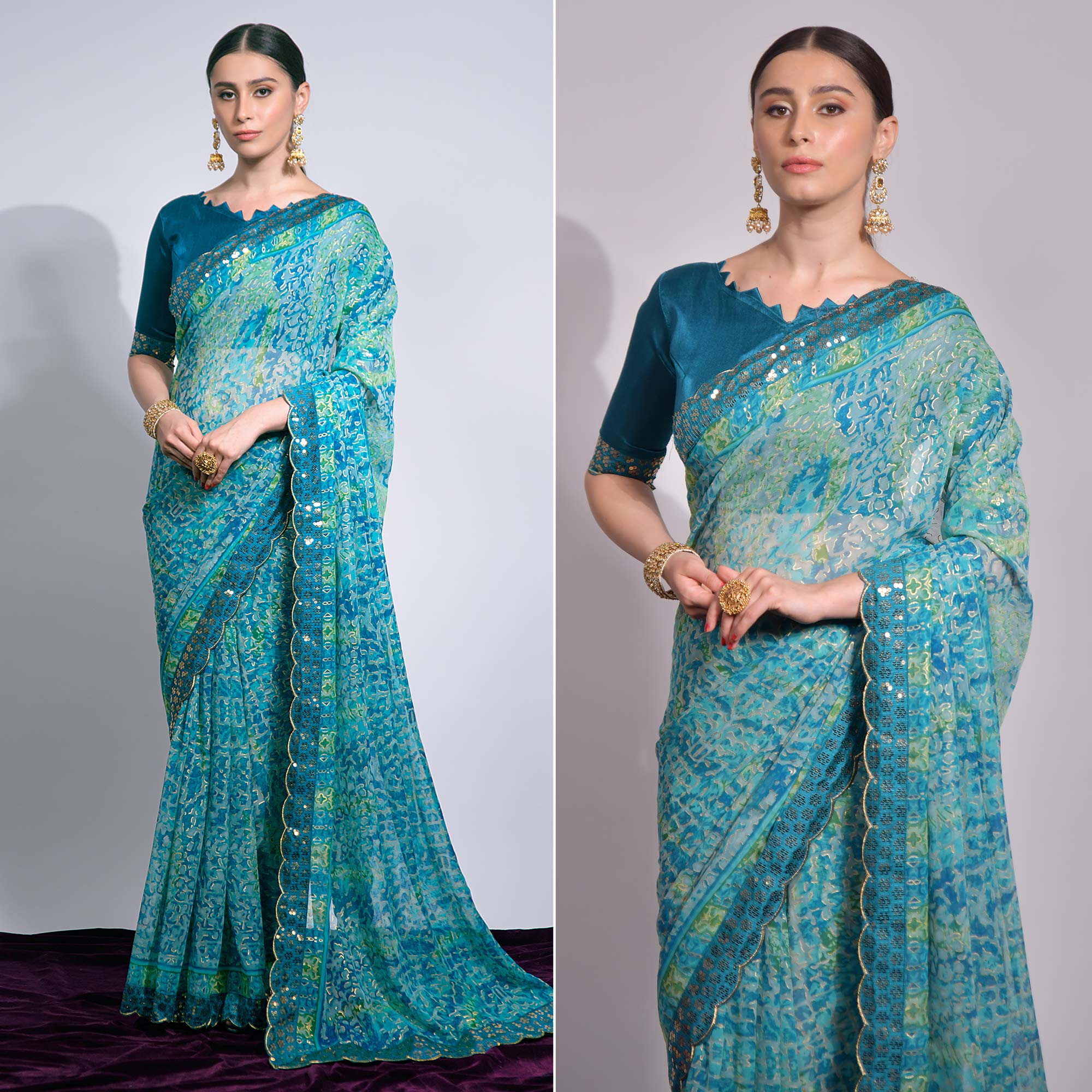 Blue Foil Printed Chiffon Saree With Embroidered Border