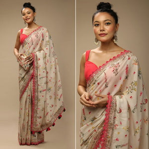 Off White Floral Printed Chinon Saree