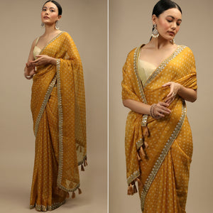 Mustard Bandhani Printed Chinon Saree