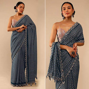 Grey Printed With Embroidered Border Chinon Saree