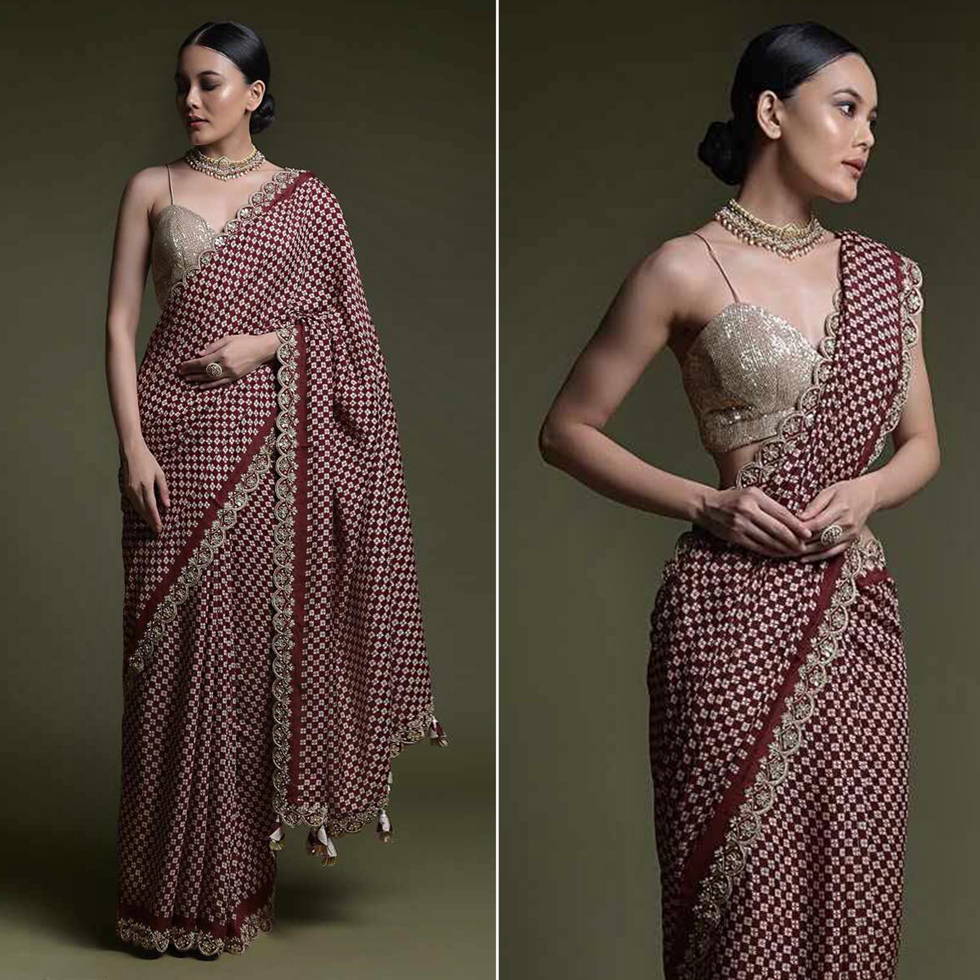 Maroon Printed With Embroidered Border Chinon Saree