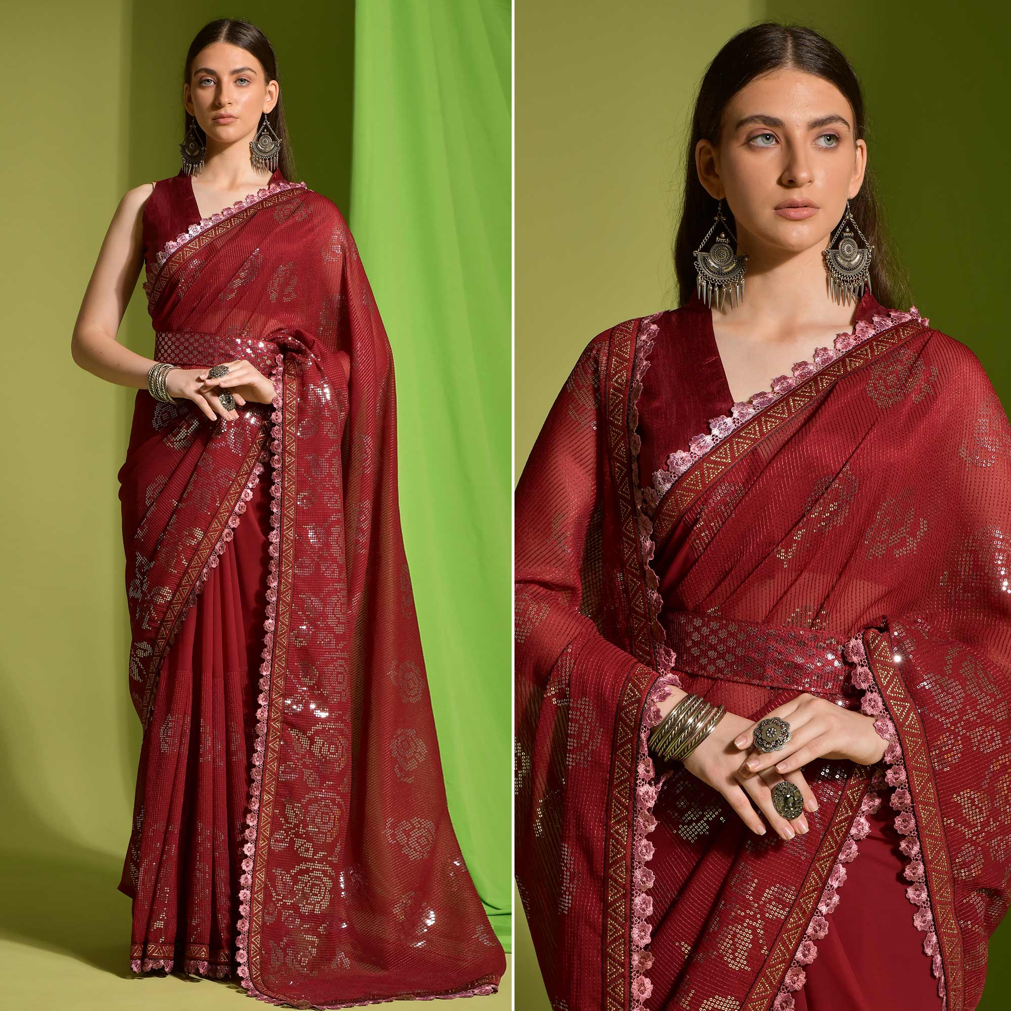 Red Sequins Embroidered Georgette Saree