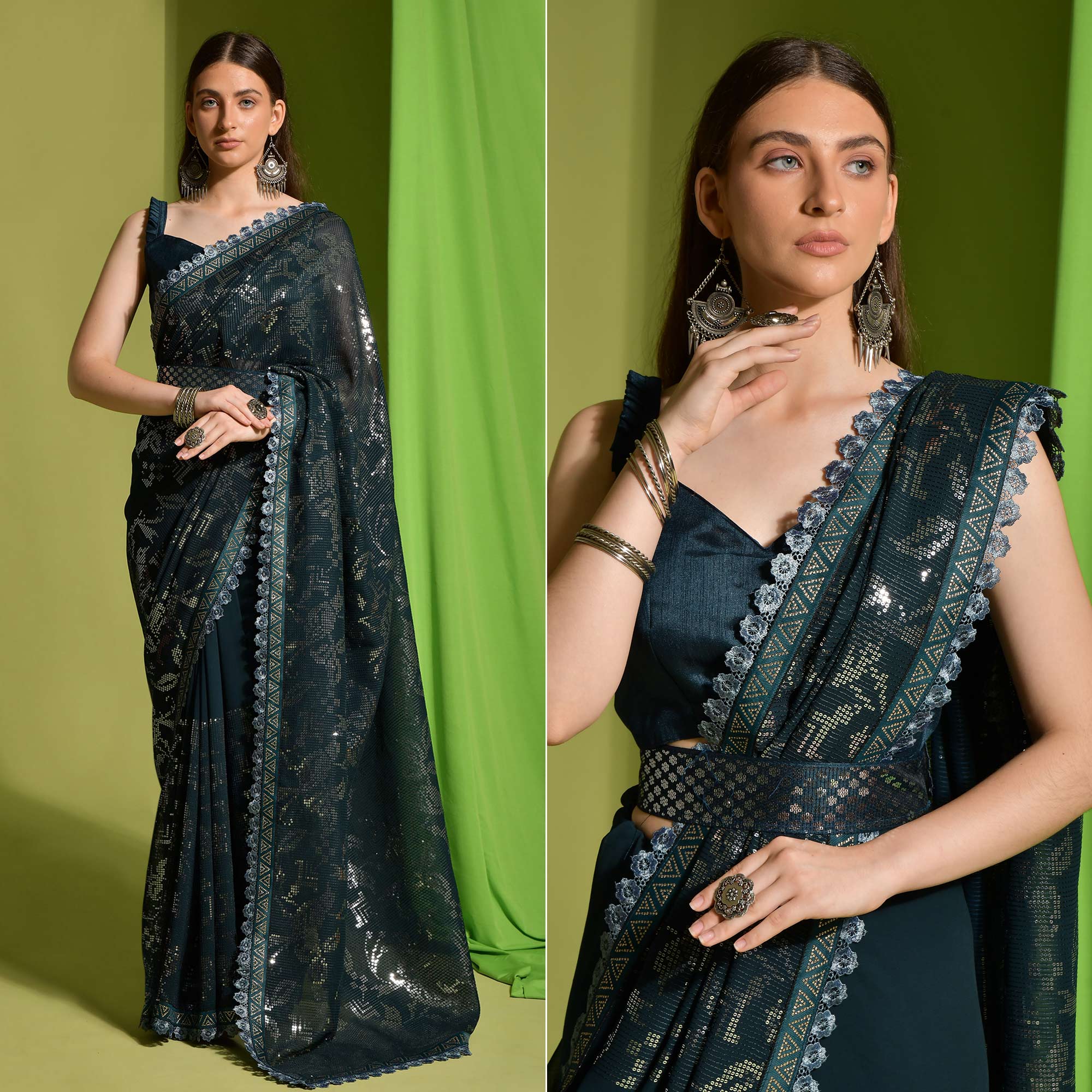 Green Sequins Embroidered Georgette Saree
