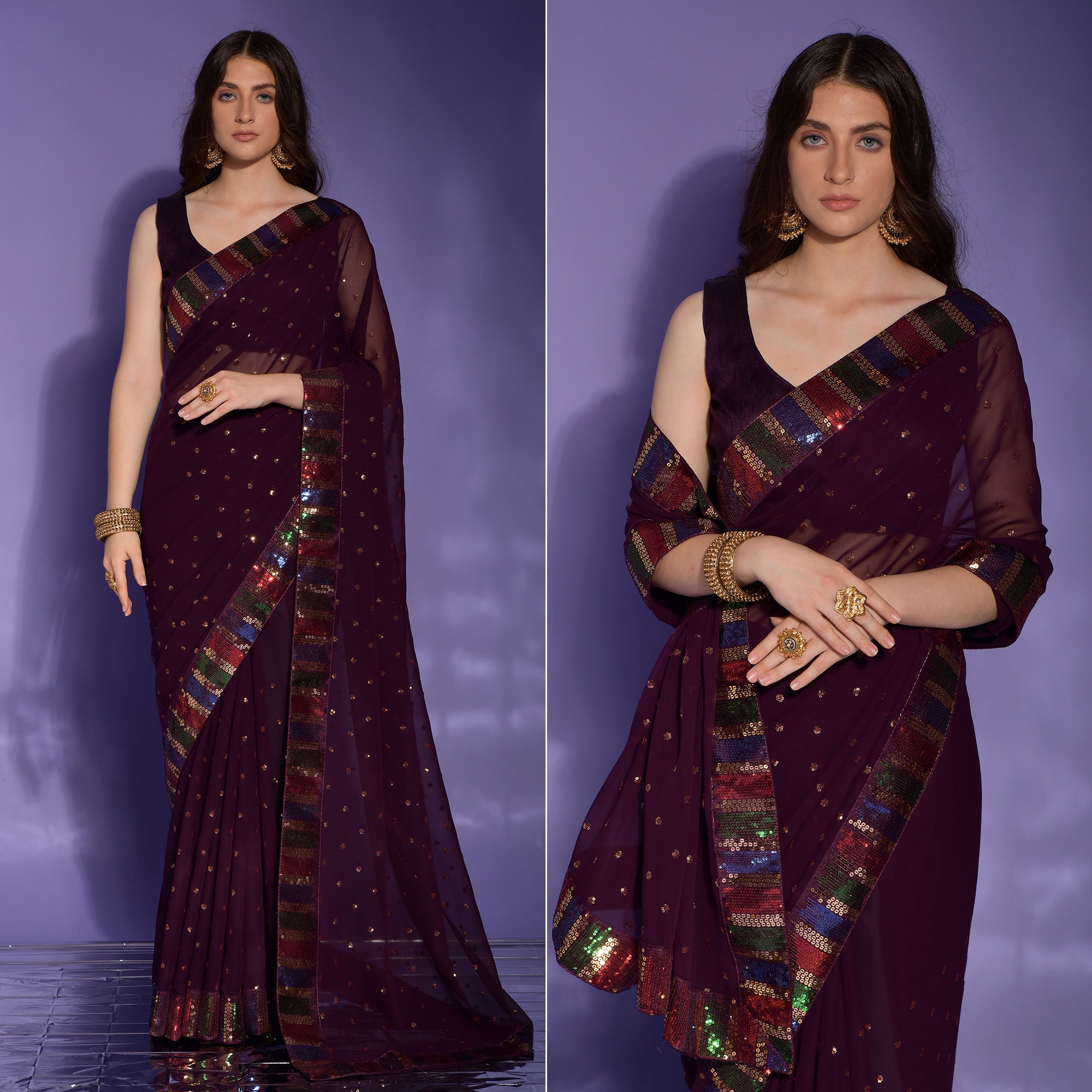 Wine Sequins Embroidered Georgette Saree