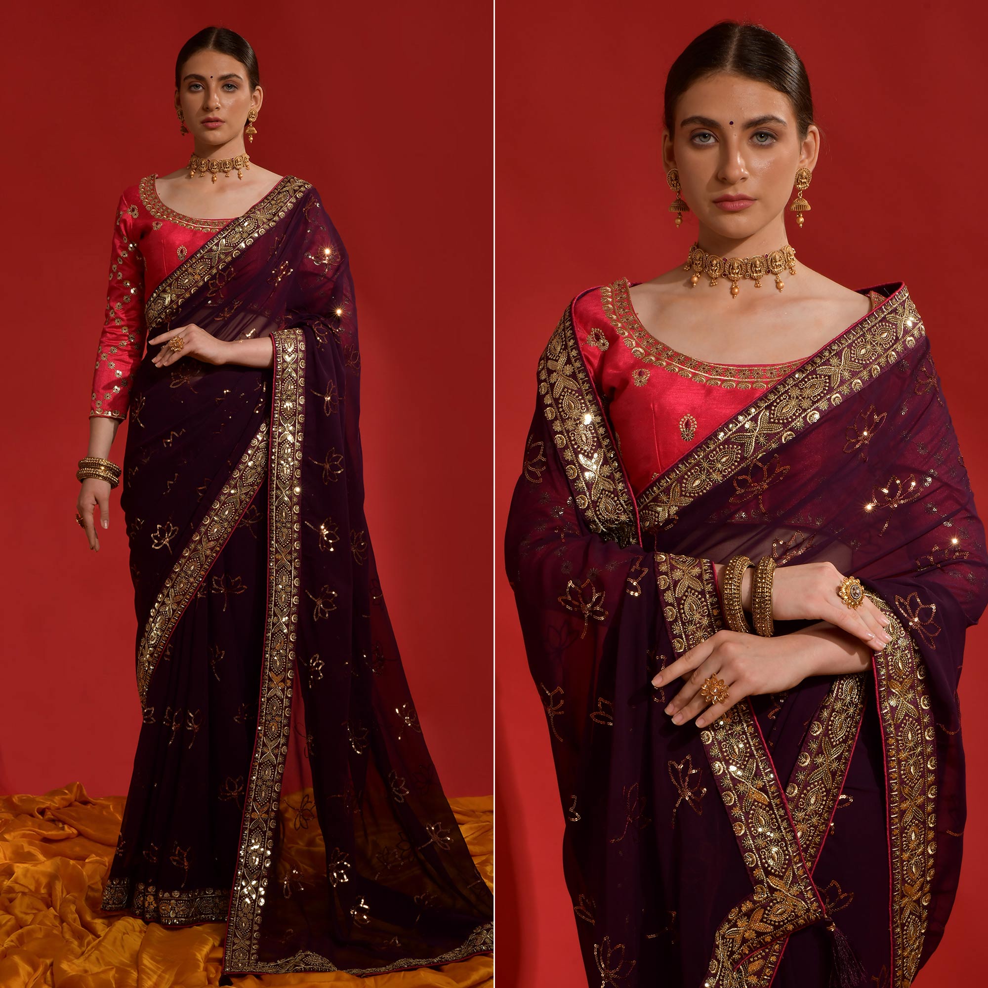 Wine Floral Sequins Embroidered Georgette Saree