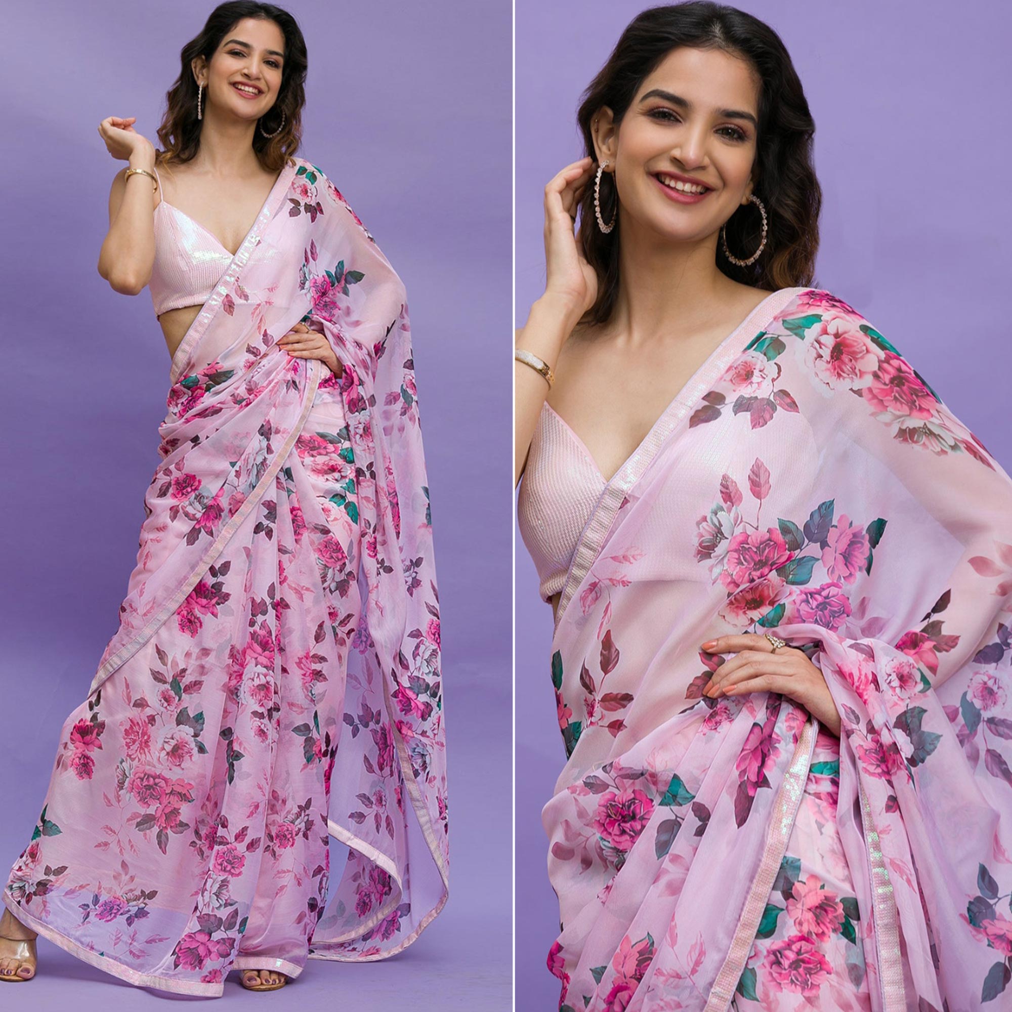 Pink Floral Printed Chinon Saree With Embroidered Border