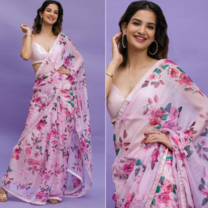 Pink Floral Printed Chinon Saree With Embroidered Border