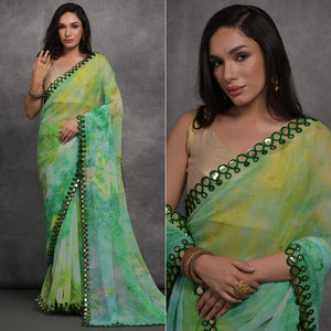 Multicolor Printed With Mirror Work Georgette Saree