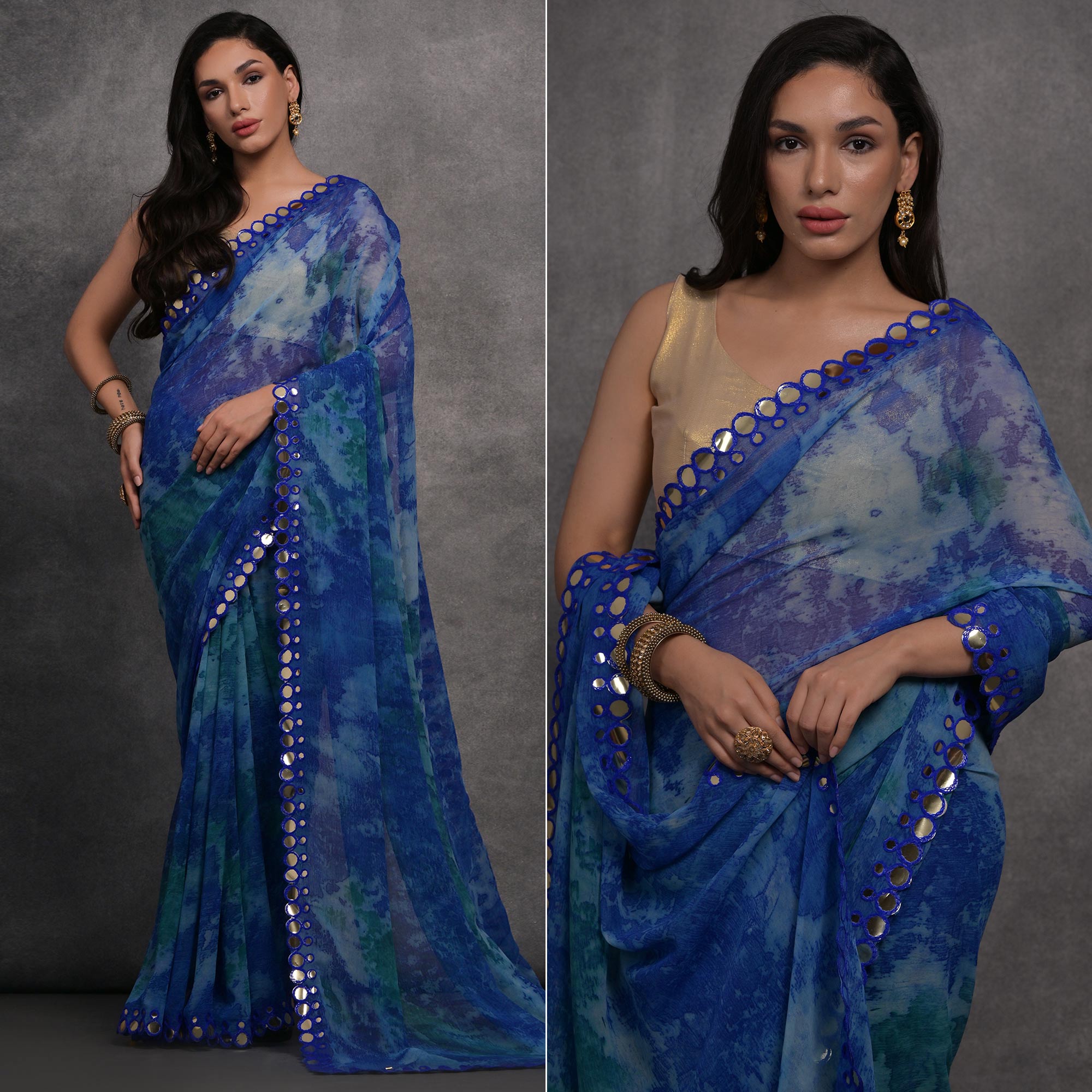 Navy Blue Printed With Mirror Work Georgette Saree