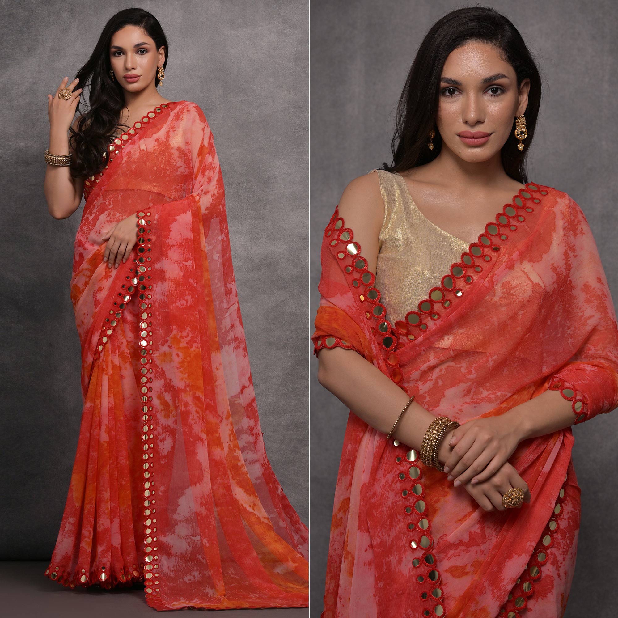 Pink Printed With Mirror Work Georgette Saree
