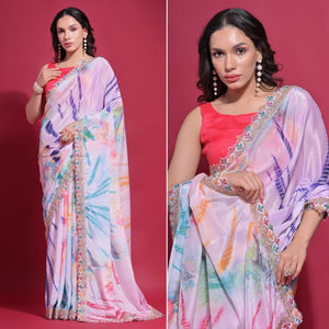 Pink Digital Printed Chinon Saree With Coding Border