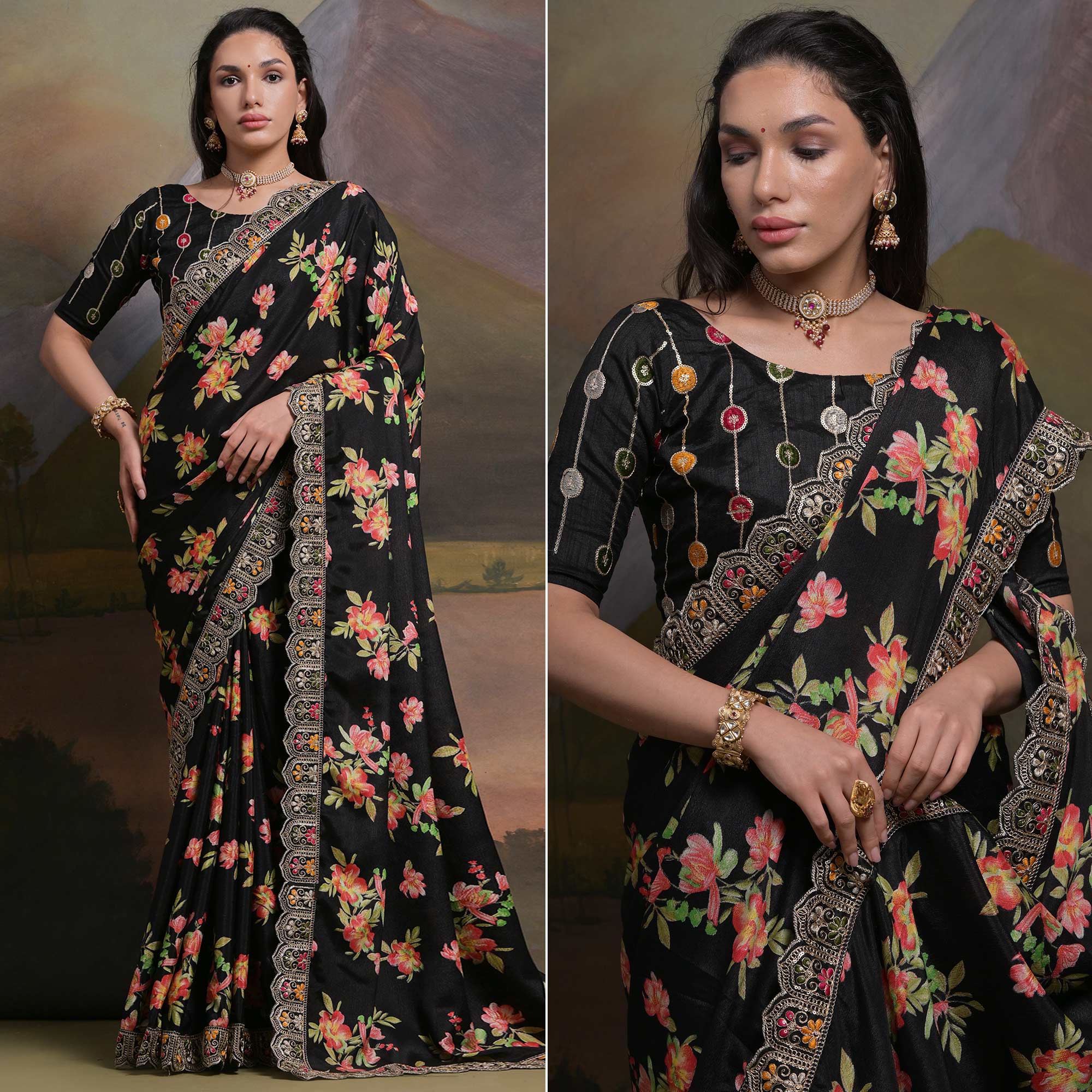 Black Floral Printed Chinon Saree With Embroidered Border