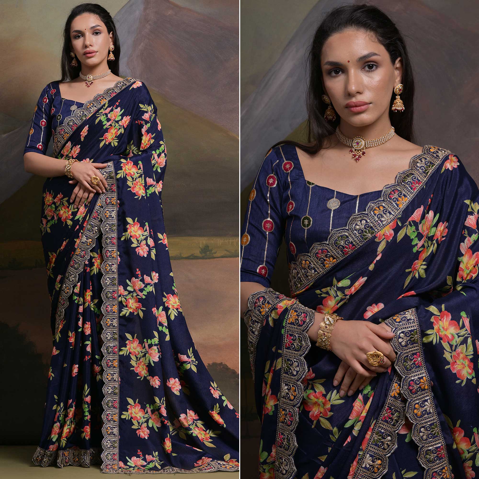 Navy Blue Floral Printed Chinon Saree With Embroidered Border