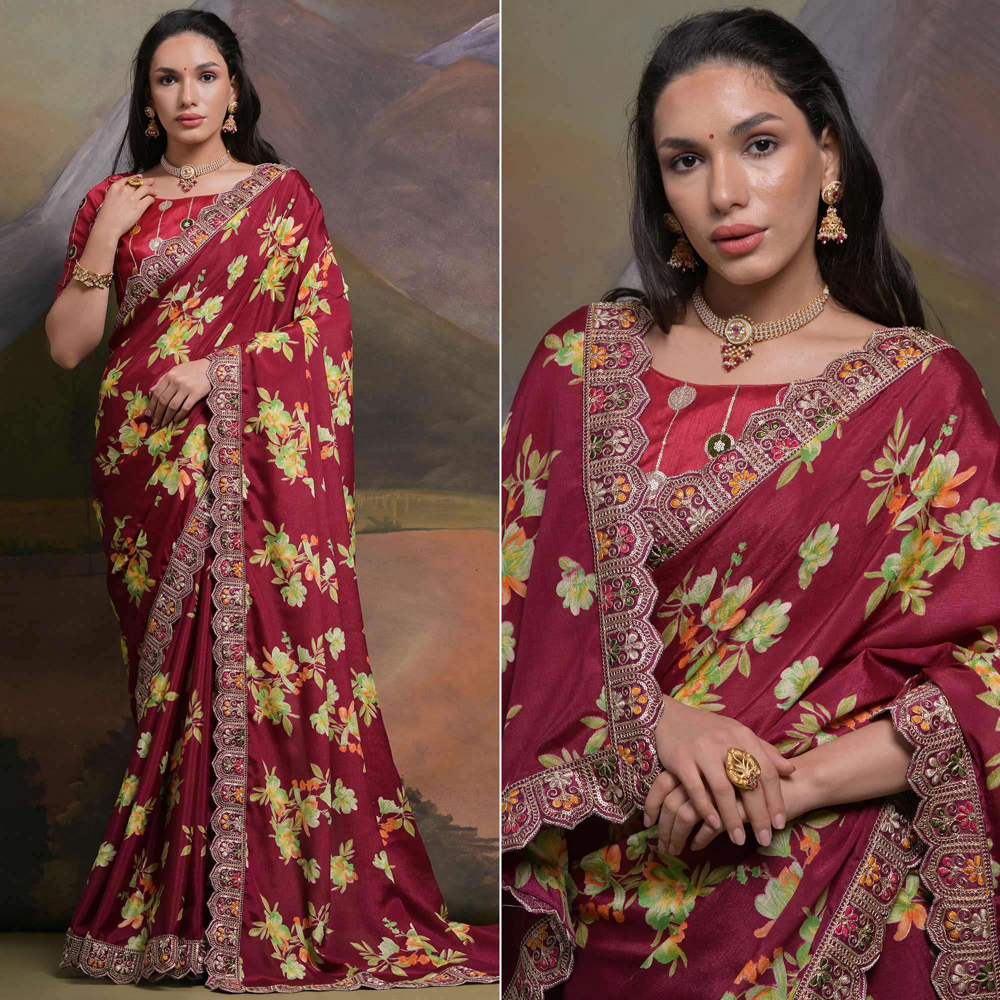 Maroon Floral Printed Chinon Saree With Embroidered Border