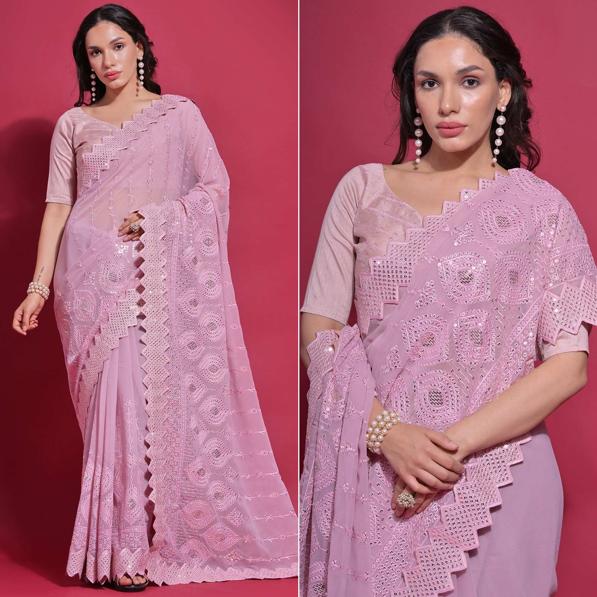 Pink Sequins Embroidered Georgette Saree