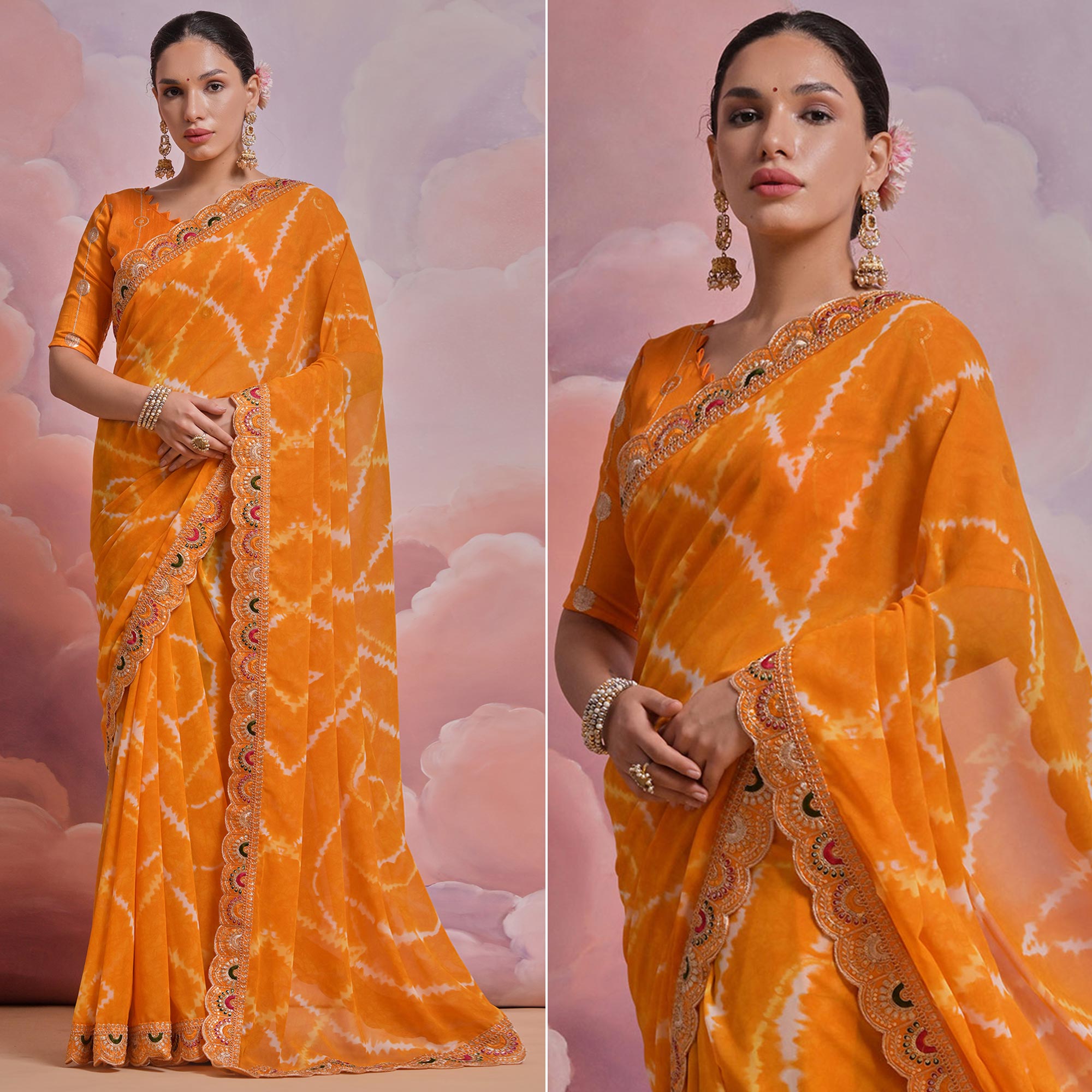 Yellow Printed With Embroidered Border Georgette Saree