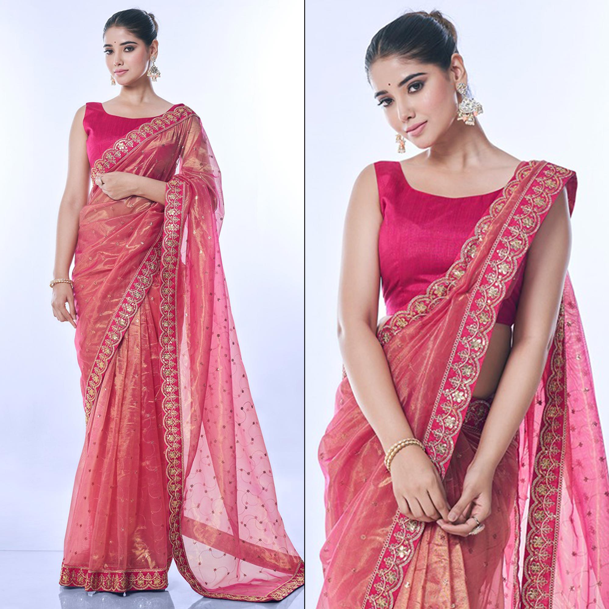 Pink Sequins Embroidered Net Saree