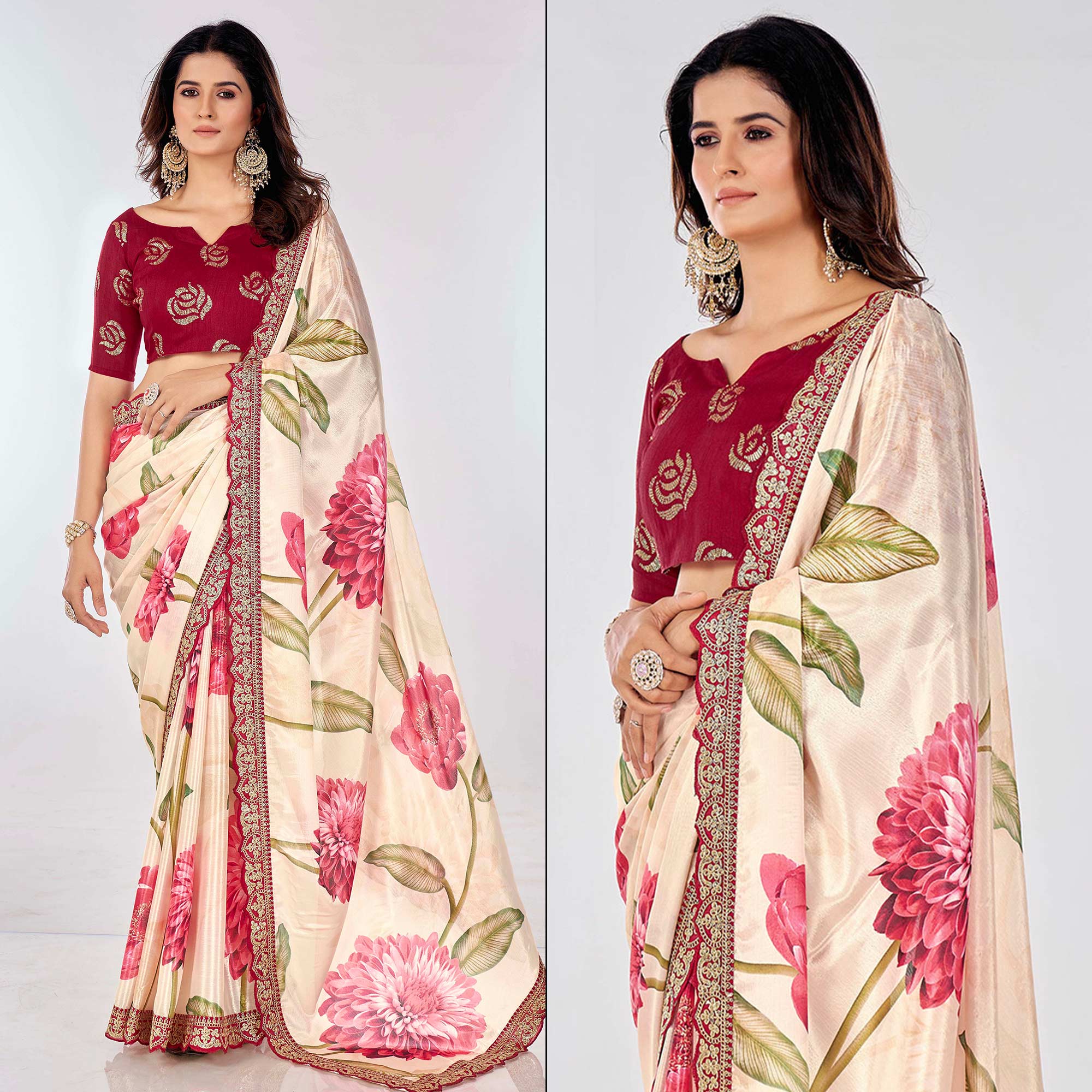 Off White Floral Printed Chinon Saree