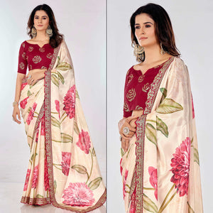 Off White Floral Printed Chinon Saree