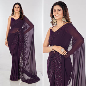 Wine Sequins Embroidered Georgette Saree