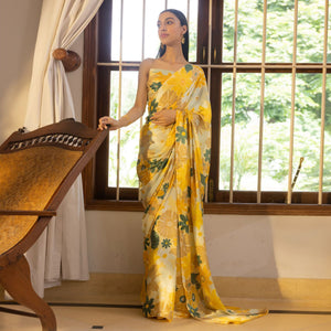 Yellow Digital Printed Satin Saree
