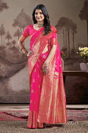 Pink Floral Woven Jacquard Silk Saree