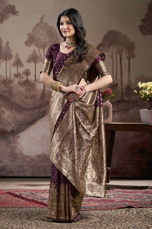 Dark Wine Floral Woven Jacquard Silk Saree