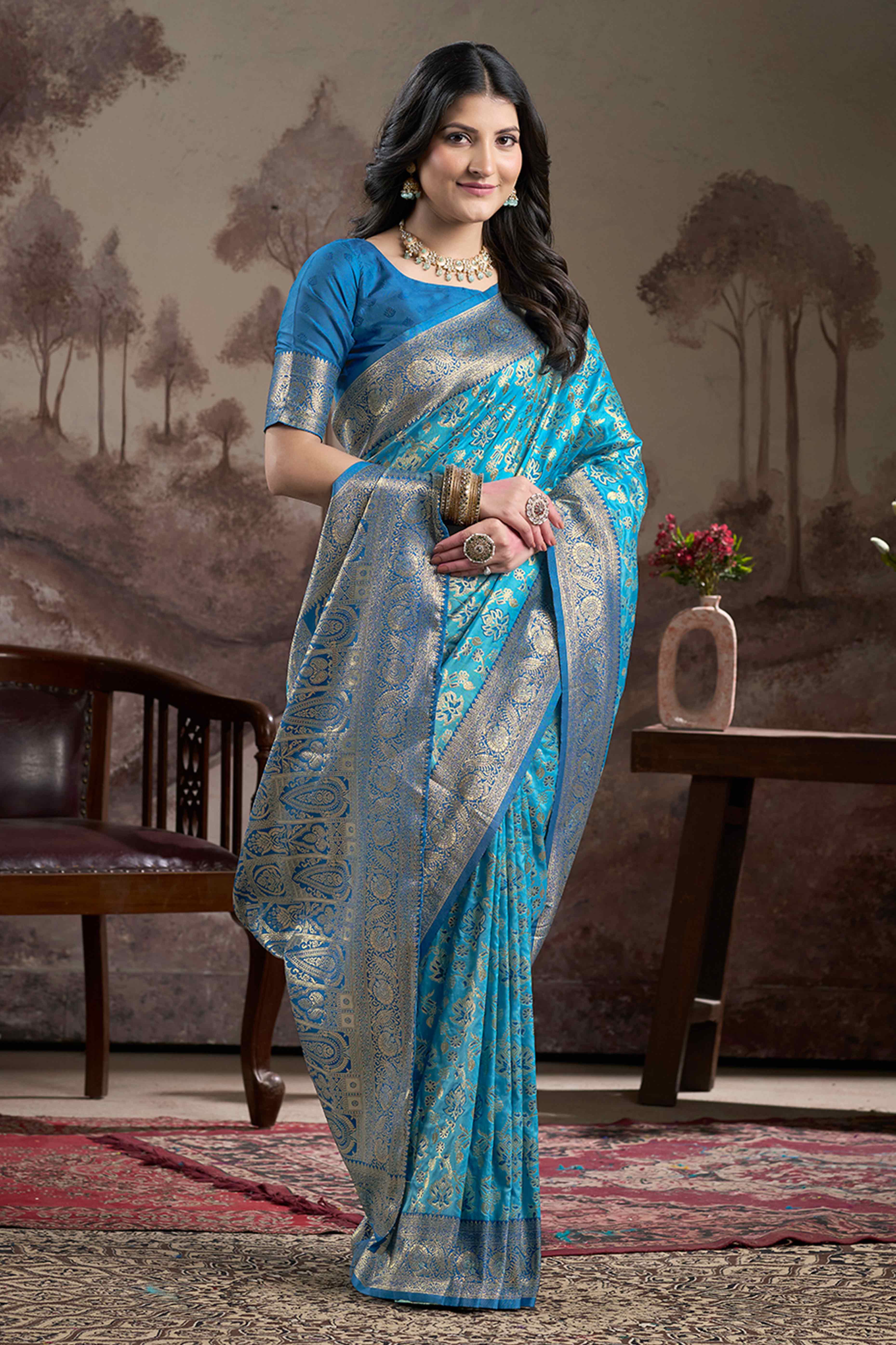 Blue Floral Woven Jacquard Silk Saree